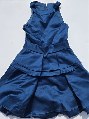 Girls' Satin Peplum Dress in Deep Blue